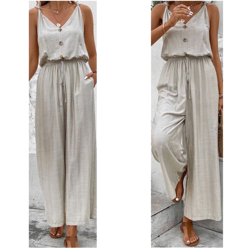 Solid Button Detail Wide Leg Casual Jumpsuit - image 2
